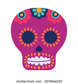 purple traditional mexican skull head with flowers vector illustration design