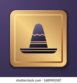 Purple Traditional mexican sombrero hat icon isolated on purple background. Gold square button. Vector Illustration