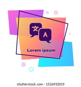Purple Translator icon isolated on white background. Foreign language conversation icons in chat speech bubble. Translating concept. Color rectangle button. Vector Illustration