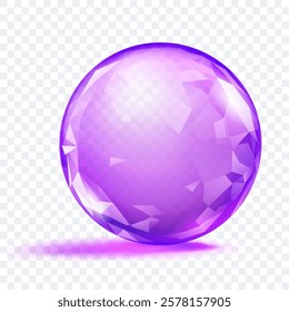 A purple translucent crystal sphere with faceted surface, with glares and soft shadow, on transparent background. Vector illustration for design projects and creative works.