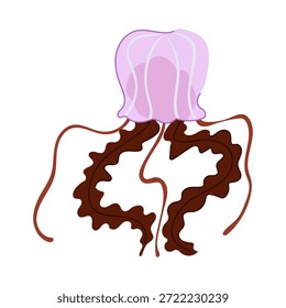 Purple transparent jellyfish with a rounded bell and flowing dark brown oral arms and tentacles, minimalist vector illustration evoking serene underwater movement and marine biodiversity