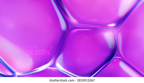 Purple transparent soft bubbles. Abstract background. Vector 3d illustration. Cell membrane tension effect. Microbiology concept. Modern trendy banner or poster design