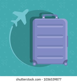 A purple travel bag on a blue background. A luggage with an airplane. Vector illustration.