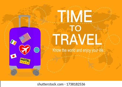 purple Travel bag with stickers on orange world map and airplanes with text. "Time to travel, know the world and enjoy your life". Tourism and Journey concept. 