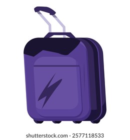 Purple travel suitcase with lightning symbol, featuring retractable handle and wheels, ideal for vacations and business trips