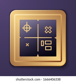 Purple Treasure map icon isolated on purple background. Gold square button. Vector Illustration