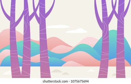 purple tree fantasy forest vector illustration flat design