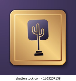Purple Tree icon isolated on purple background. Forest symbol. Gold square button. Vector Illustration