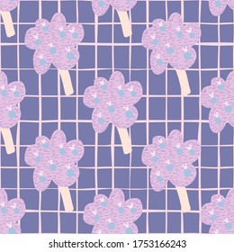 Purple tree with leaves and fruit seamless pattern. Decorative backdrop for fabric design, textile print, wrapping paper, cover. Doodle vector illustration