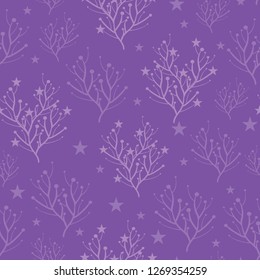 Purple trees and stars texture vector pattern. Great for winter holidays fabric, wallpaper, backgrounds, invitations, packaging design projects. Surface pattern design.