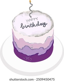 Purple trendy birthday cake with candle vector simple illustration. Vector tasty purple and white colored cake with phrase Happy Birthday round shape. Design for greeting cards, invitations, etc.