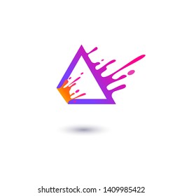 Purple triangle frame with fluid contour splashing in motion flat style, vector illustration isolated on white background. Liquid trigon geometric shape with drops, abstract design element