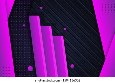 Purple triangle geometric vector background overlap layer on gradient black space for background design. gradient purple for long square and circle. dot and stripped line pattern. modern layout.