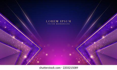 Purple triangle with golden line, sparkle glowing effect and bokeh elements on blue and pink background. Luxury style design template concept. Vector illustration