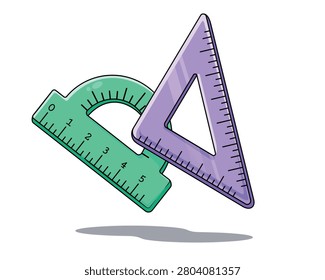Purple triangle ruler and light green protractor in flat cartoon style. Cute vector illustration of school measuring tools, perfect for education, mathematics, geometry, drafting, engineering, classroom materials, stationery, stickers, icons, and printable designs.
