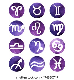 Purple triangle vector zodiac signs. Polygon horoscope icons