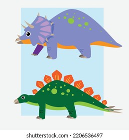 Purple Triceratops and green Stegosaurus. Two prehistoric creatures side view. With cute face cartoon style