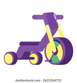 Purple tricycle with yellow wheels standing out from a white background