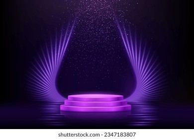 Purple tripple podium for product presentation vector illustration. Abstract empty pink blue award platform with rays or wings, glitter confetti sparkle rain falling.