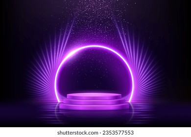 Purple tripple podium for product presentation vector illustration. Abstract empty blue award platform with neon glowing round frame and rays or wings, glitter confetti sparkle rain falling background