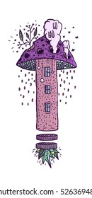 Purple trippy mushroom with holes, windows and smoke. Crazy mushroom house  in purple. Mushroom have a text "go bad". Isolated over white.