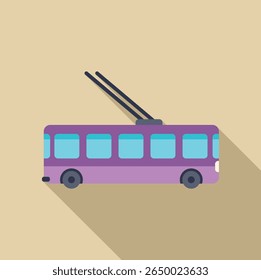 Purple trolleybus driving along on a beige background with a long shadow