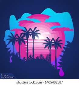 Purple tropical background.Tropic palms on the sunset.Negative space illustration