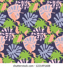 Purple tropical exotic leaves abstract collage style. Seamless vector wallpaper and textile print pattern foliage design.