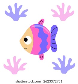 Purple tropical fish with corals. Exotic fish with cute face