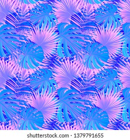 purple tropical foliage seamless pattern. exotic plants repeated texture. vector illustration. jungle background. Violet herbage texture. Magic tropic wallpaper. Bright colors