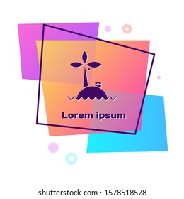 Purple Tropical island in ocean icon isolated on white background. Landscape with ocean and palm trees. Travel. Color rectangle button. Vector Illustration