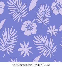 Purple tropical palm leaf and flower pattern seamless pattern for fabric, textiles, clothing, wallpaper, cover, banner, home decor, florals backgrounds