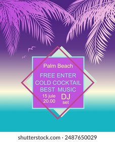 Purple tropical poster with coconut palm leaves for summer beach party invitation