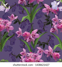 Purple trumpet vine and orchid flower seamless pattern vector illustration