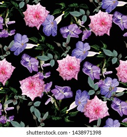 Purple trumpet vine and rose flower seamless pattern vector illustration