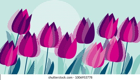 Purple tulip flowers with dot geometry texture pattern. Vector illustration for surface design, background, cord, invitation, poster.