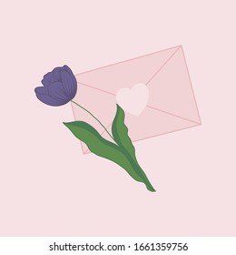 purple tulip and pink envelope, vector illustration,perfect to use on the web or in print