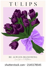 Purple tulips bouquet with bow on pink background illustrative poster design.