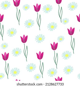 Purple tulips and daisies on a white background. Floral print. Seamless patern, vector design eps 10