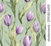 Purple tulips on a light green background, watercolor flower seamless pattern. Watercolor print in rustic vintage style, textile or wallpapers.