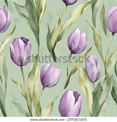 Purple tulips on a light green background, watercolor flower seamless pattern. Watercolor print in rustic vintage style, textile or wallpapers.