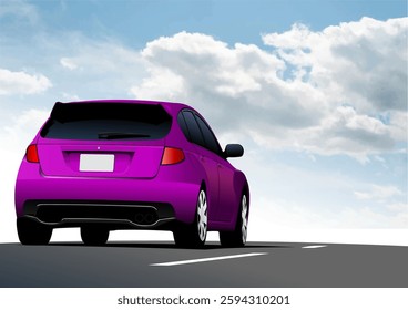 Purple tuned car driving fast on a highway under a cloudy sky . Hand drawn Illustration