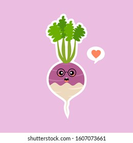 purple turnip flat design vector illustration. Adorable cartoon radish and cheerful turnip friendly character. Vector illustration. kawaii vegetable mascot for vegan and vegetarian