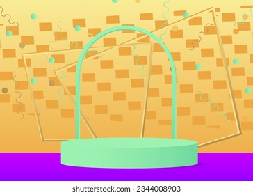 Pantalla de producto morado, turquesa y dorado. Parodia de podio peatonal con cilindro vector. Resumen: presentación mínima de la escena geométrica para presentación.