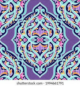 Purple, turquoise and orange  floral seamless pattern with ornamental stripes. Traditional oriental motifs. Vector ornament template. Decorative paisley elements. Great for fabric and textile.