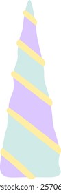 Purple and turquoise unicorn horn with yellow stripes swirling around it, isolated on a white background, representing magic, fantasy, and fairytale concepts