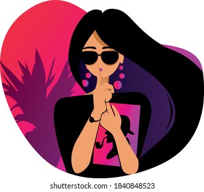 Purple twilight - Elegant girl detective in sunglasses puts her finger to Shhh lips