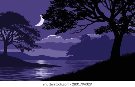 Purple twilight glows over calm water. Moon arcs gently above darkened trees. Silhouettes frame the still, reflective surface. Night holds quiet mystery, soft and serene. Ideal for tranquil scenes
