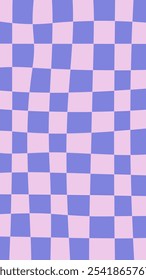 Purple Twisted Chessboard Background. Abstract geometric 1920x1080 ratio vertical Y2K Backdrop with distorted checkerboard texture. Vector illustration
