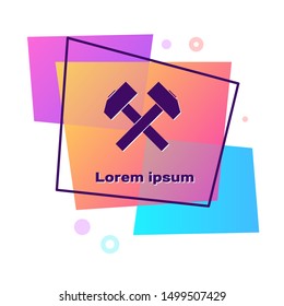 Purple Two crossed hammers icon isolated on white background. Tool for repair. Color rectangle button. Vector Illustration